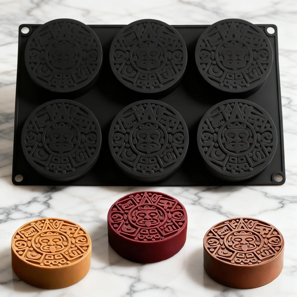 Molde de Silicona con 6 Cavidades con Diseño de Tótem Maya para Pasteles de Mousse, Chocolate, Pudín, Pan, Repostería y Fabricación de Jabón y Velas