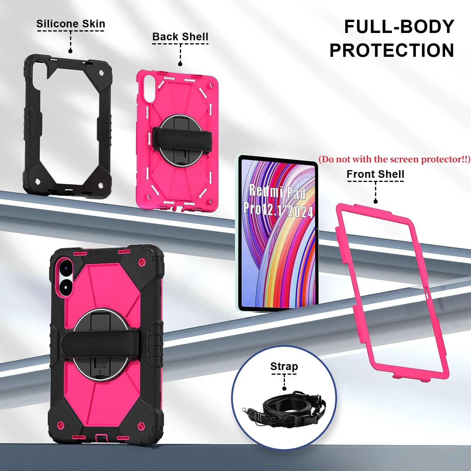 360 Rotating Heavy Duty Case For Xiaomi Redmi Pad Pro 2024 12.1inch Multi-angles Stand Cover Anti-Slip Shockproof Shoulder Strap