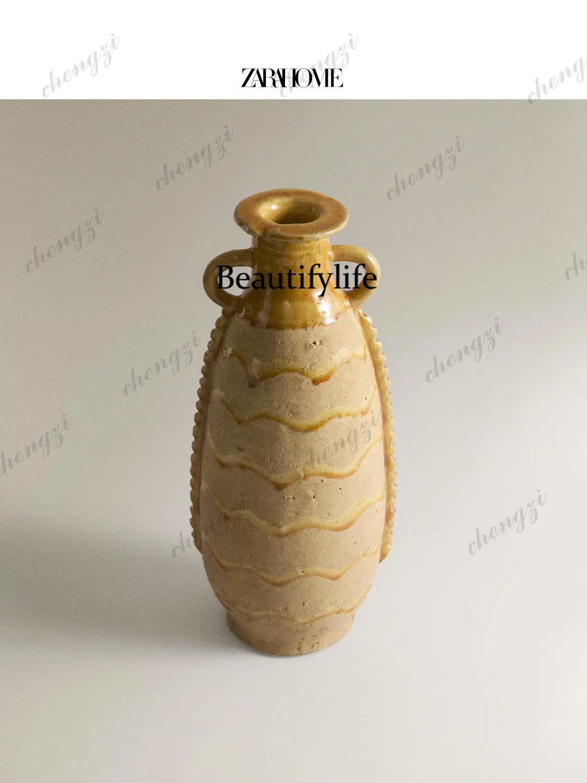 Corrugated relief with handle glazed red pottery decorative narrow mouth quaint vase