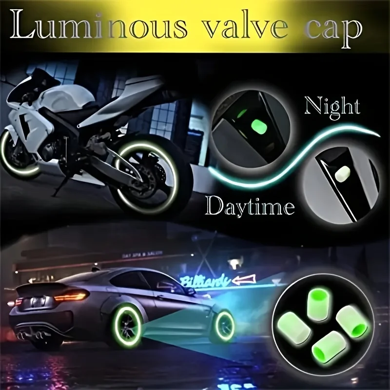 4pcs Glow-in-the-dark Car Tyre Valve Caps Set Glow-in-the-dark Valve Caps Car Valve Core Caps Easy To Install No Tools Needed