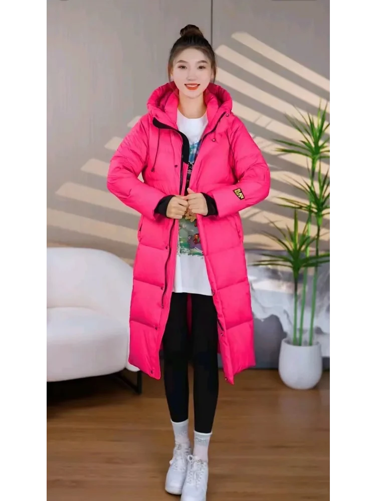 White Duck Down Coat for Women, Hooded Jacket, Medium Length, Korean Version of the Fashion Coats, Winter, New, 2024