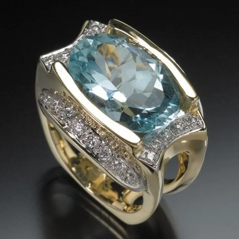 Milangirl Luxury Jewelry Gold Color Inlaid Light Blue Oval Crystal Zirconium Ring for Women Party Jewelry Female Accessories