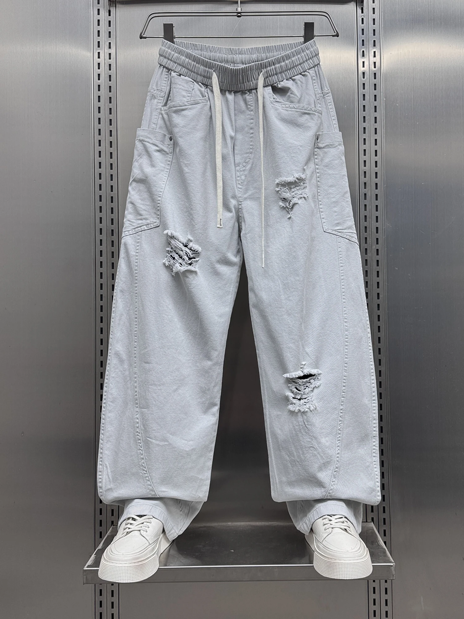 

Men's Summer 2025 Casual Pants Torn Loose Straight Leg Multi-ket Workwear High Street Sle Elastic Waist Long Straight Tube