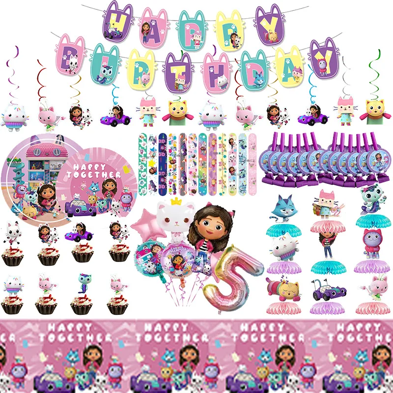 Gabby Dollhouse Birthday Party Decorations Tableware Stickers Popcorn Box Tableware Pink Balloons Party Favors Birthday Decor