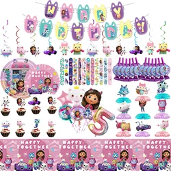 Gabby Dollhouse Birthday Party Decorations Tableware Stickers Popcorn Box Tableware Pink Balloons Party Favors Birthday Decor