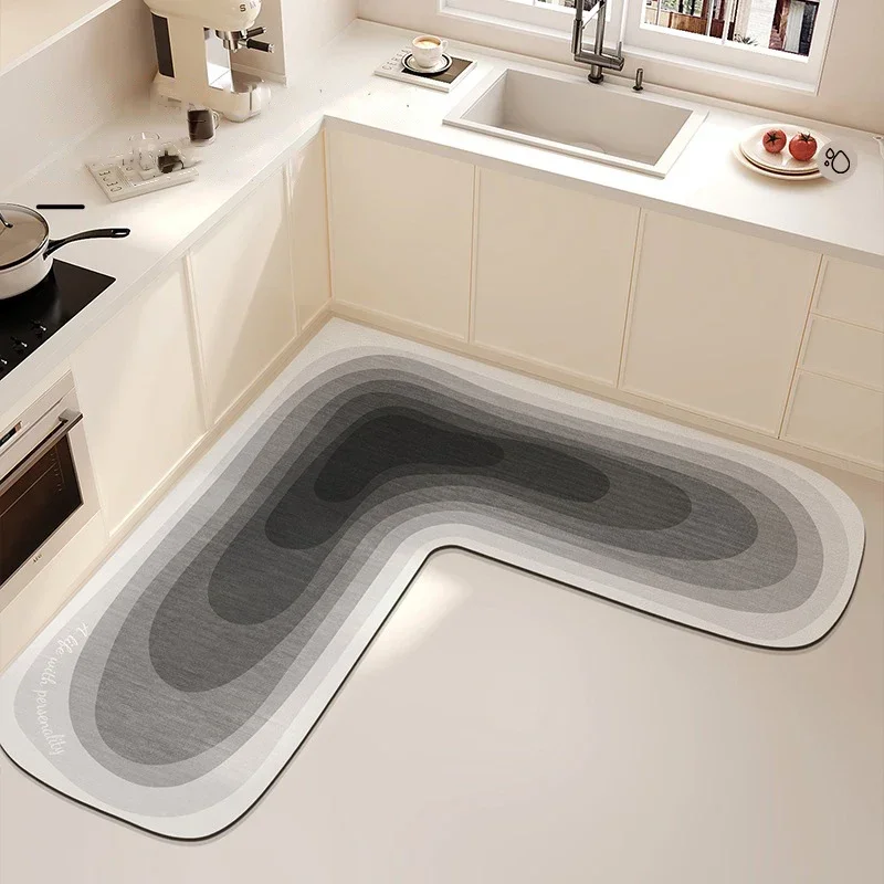 Kitchen Floor Mat Water-absorbing Non-slip Mats L-shaped Diatom Mud Oil-absorbing Carpet Black Gradient Rug Home Decoration Rugs