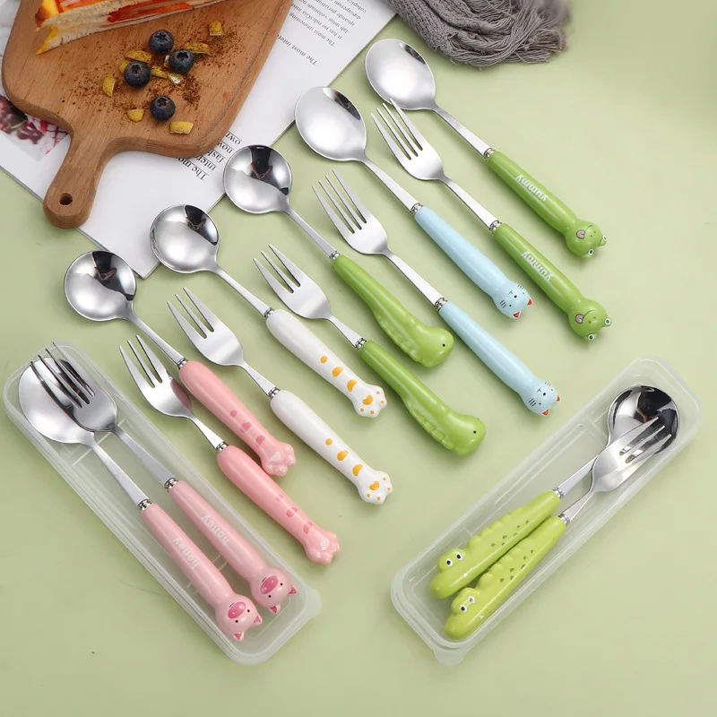 Cute Ceramic Handle Stainless Steel Spoon Fork Set Cartoon Animal Spoon Student Long Handle Tableware Set