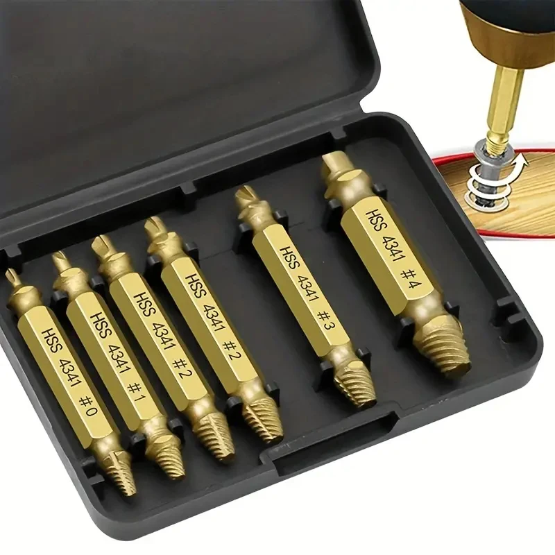 6 Pieces Gold Screw Extractor Kit HSS 4341 Damaged Screw Extractor Set Remover for Stripped Head Screws Nuts Bolts Drill Bit