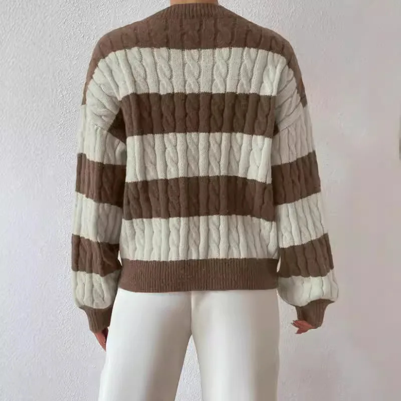 Autumn Long Sleeve V Neck Tops Loose Stripes Knitted Sweater T Shirt 2025 Fashion Pullover Harajuku Women Clothing Jumper