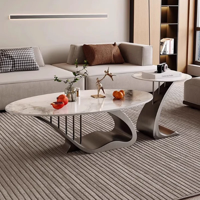 

Уникальный дизайн, бытовой журнальный столик из нержавеющей стали, комбинация роскошной гостиной, овальный журнальный столик из спеченного камня
