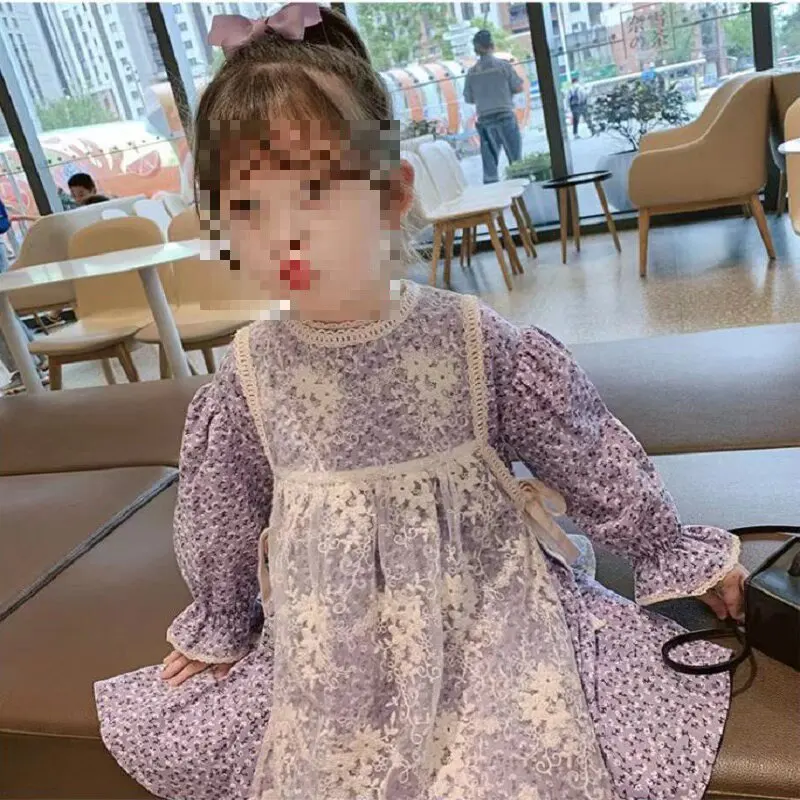 Girls Autumn Heavy Embroidery Lace Skirt Set Purple Bell Sleeve Floral Lolita Dress Apron Cotton Fashion Ensemble for Teens