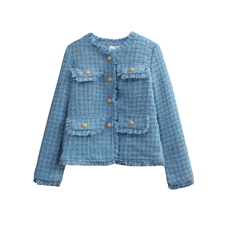 

Женское шерстяное твидовое пальто, Повседневная синяя куртка с металлическими пуговицами и бахромой, верхняя одежда с длинным рукавом на осень и зиму