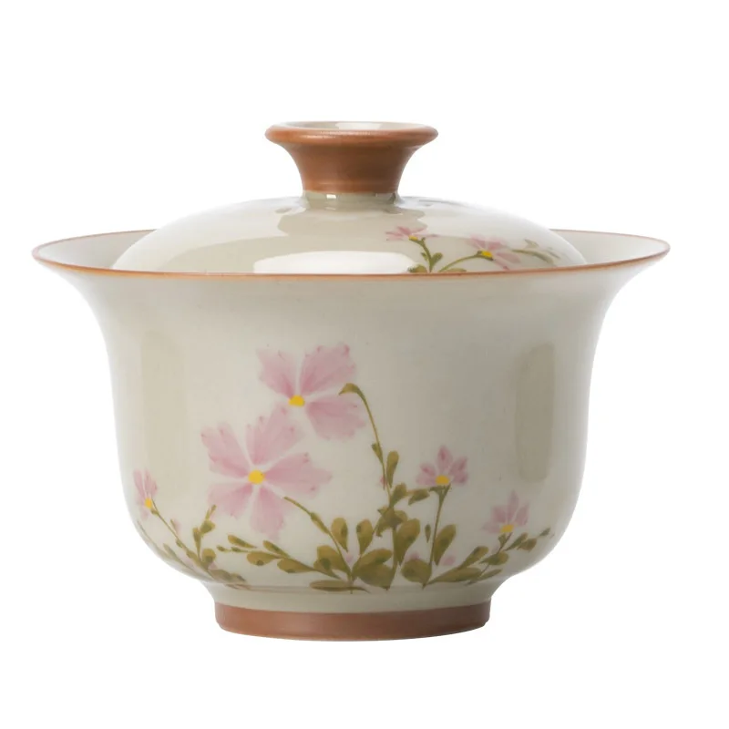 Chinese Handmade Ceramic Gaiwan Teacup Hand-painted Flowers Tea Tureen Travel Tea Bowl Porcelain Tea Set Accessories