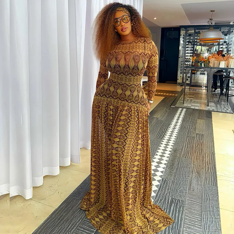DSMTRC Bohemian Style Women Autumn Holiday Maxi Dress Geometric Printed Ligh Brown Long Sleeve Dresses See-through Sheer Vestido