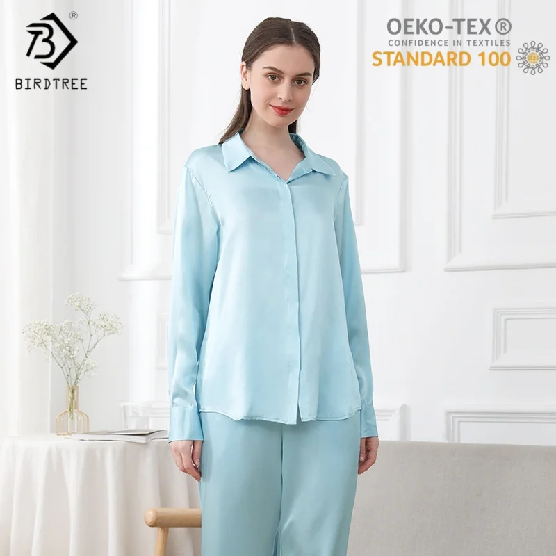 BirdTree,OEKO-TEX,19MM 100% Real Silk Pajamas Set,Women Long Sleeve Top Pants,Sleep Home Clothes, 2025 Autumn Winter P5N812JF