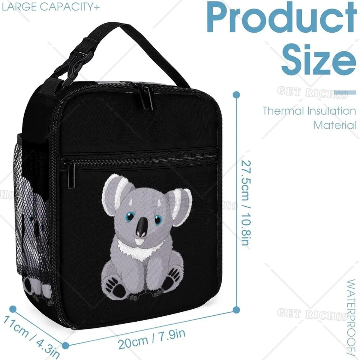 Cute Animal Koala Lunch Bag per donna uomo riutilizzabile portatile Cooler Black Lunch Tote Box Woth Pocket per viaggi Picnic in ufficio