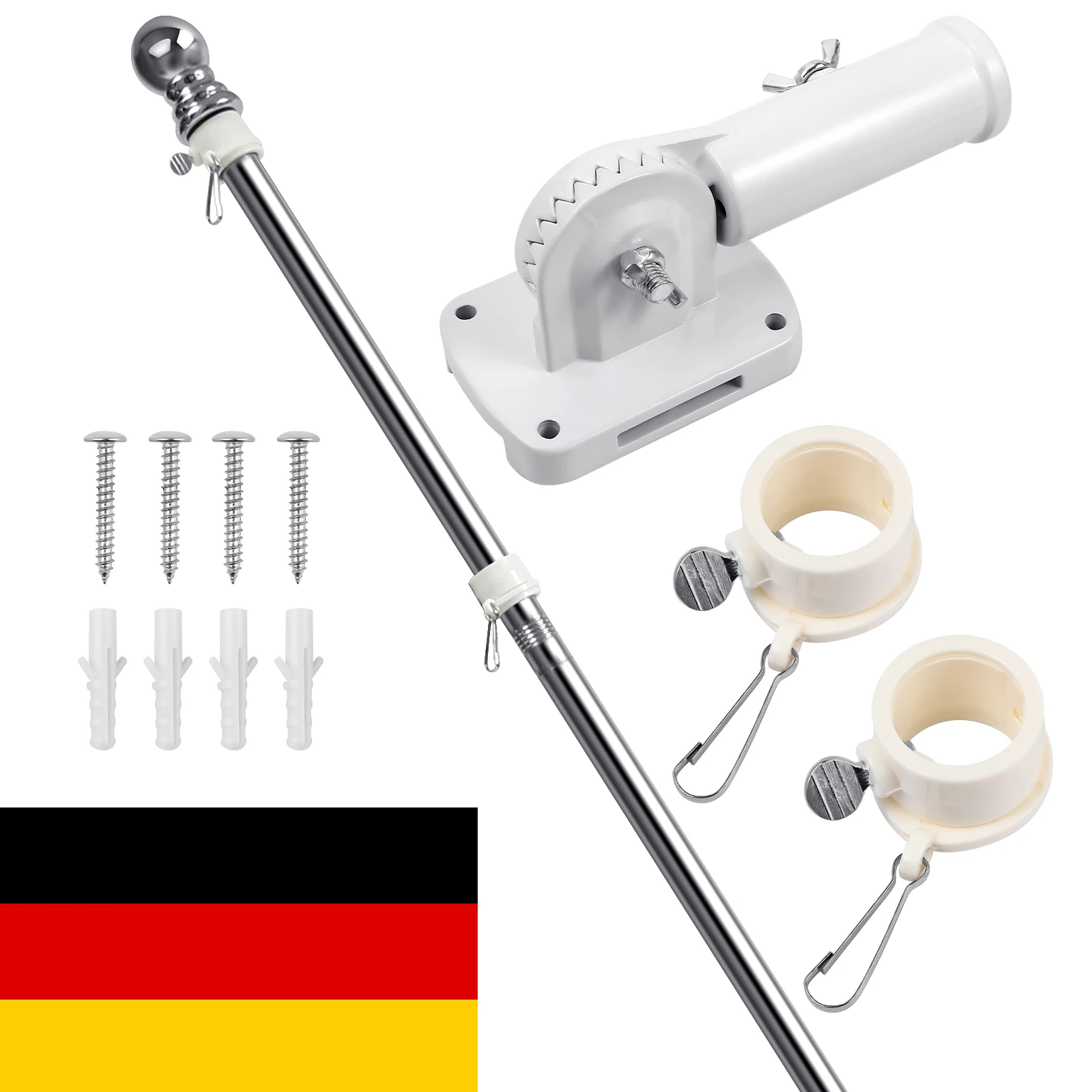

1.8m Stainless Steel Flagpole Kit with Detachable Bracket White Base for Use Adjustable Height Banner Stand House
