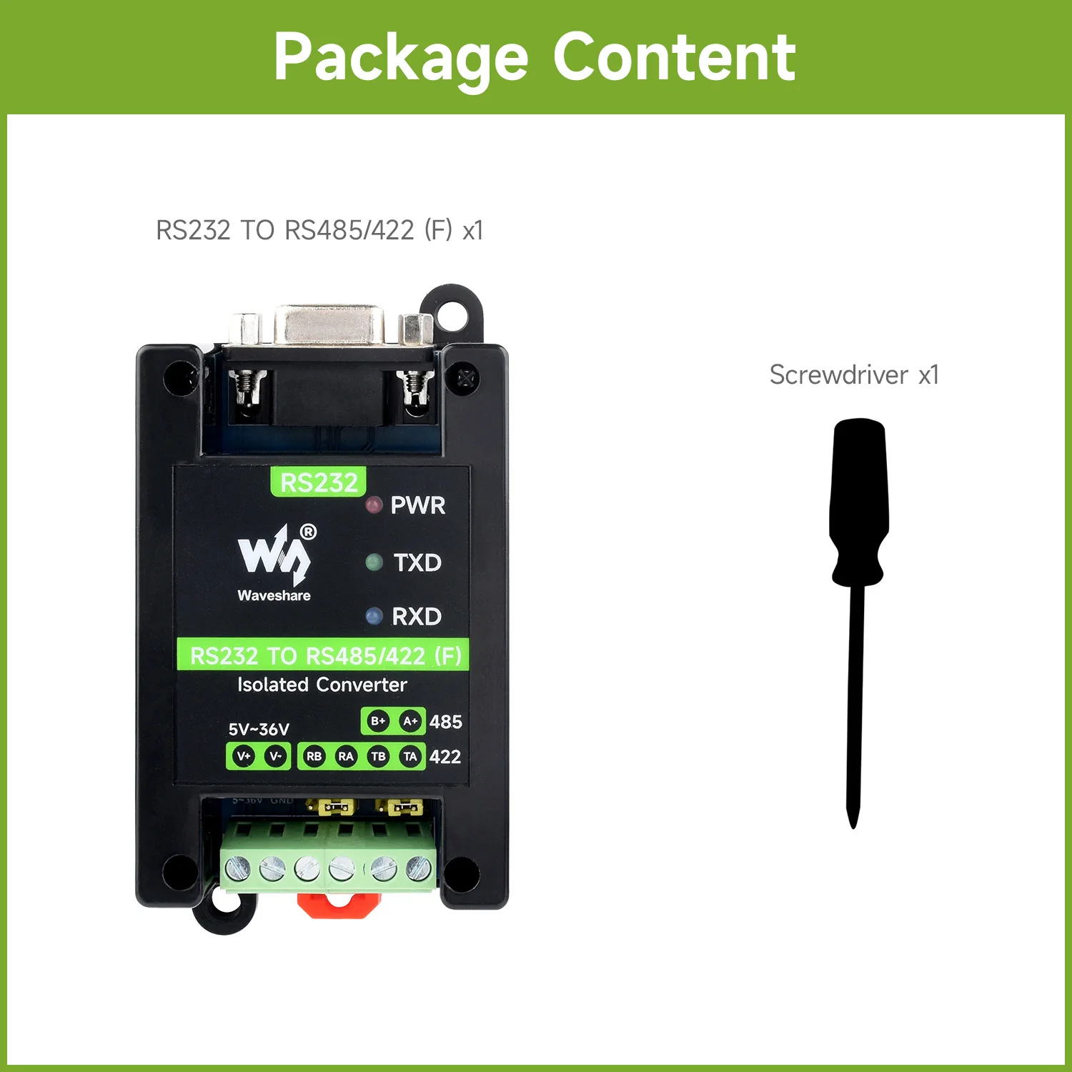 

Waveshare RS232 To RS485/422 Active Digital isolated Converter Onboard SP3232EEN and SP485EEN Chips, 300~921600bps