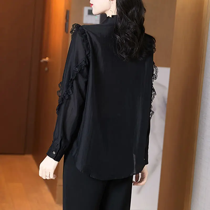 Women\'s Clothing Lace Patchwork Elegant Button Up Shirt Korean Fashion Black Long Sleeve Loose Blouse Casual Office Lady Blusas