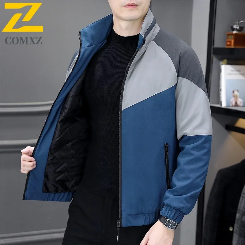 

COMXZ 2025 Men Fleece Lined Thick Warm Coat Stand Collar Patchwork Casual Versatile Trendy Loose Fit Jacket Autumn Winter