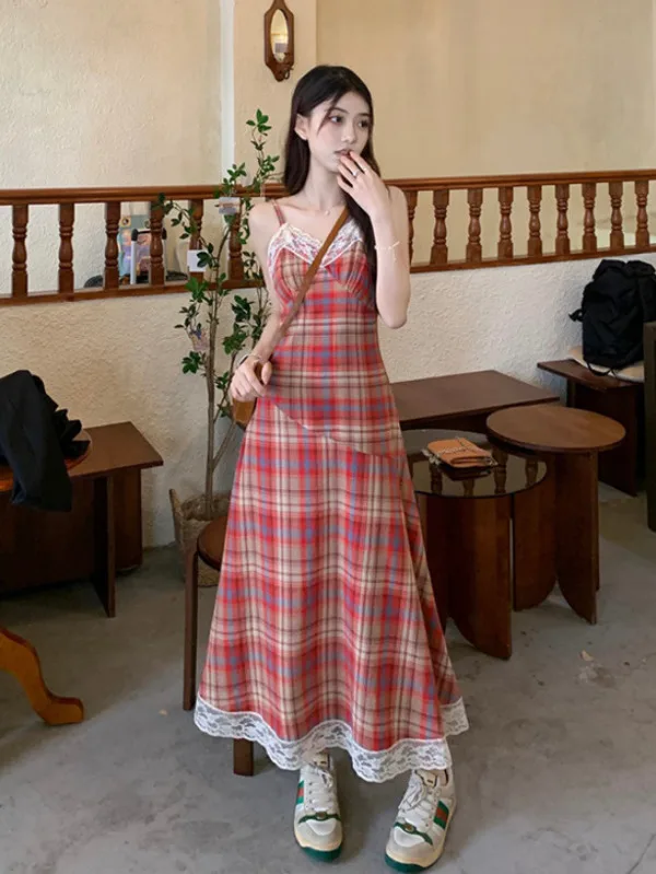 French lace plaid fashionable suspender dress for womens summer high-end customization with a slimming waist and long skirt TW4B