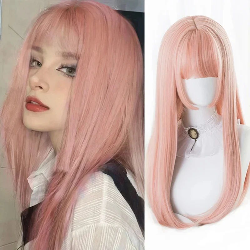 2026 Houyan synthetic long straight hair wig cosplay Lolita girl pink black bangs wig heat-resistant party EJH98 - view 2