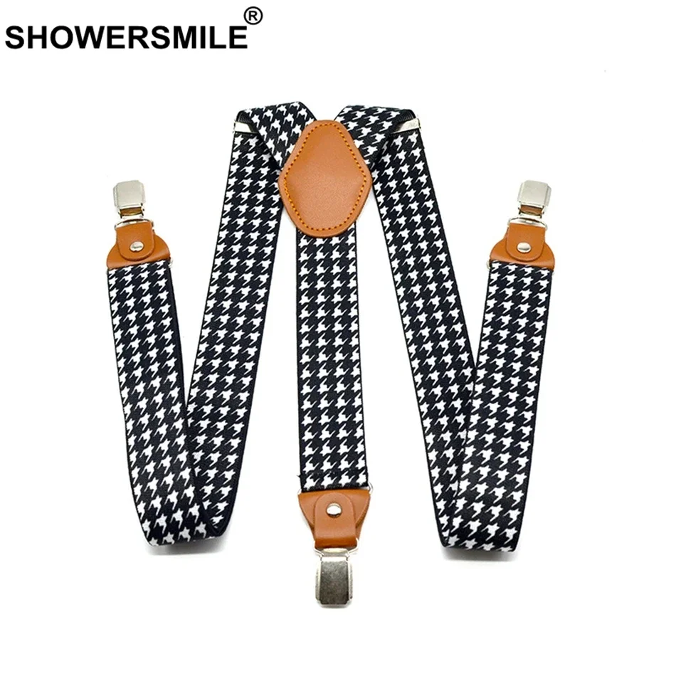 

SHOWERSMILE Houndstooth Suspenders Men for Pants Fashion Design Straps Adjustable 3 Cilps Braces Male Suspender Belt 120cm*3.5cm