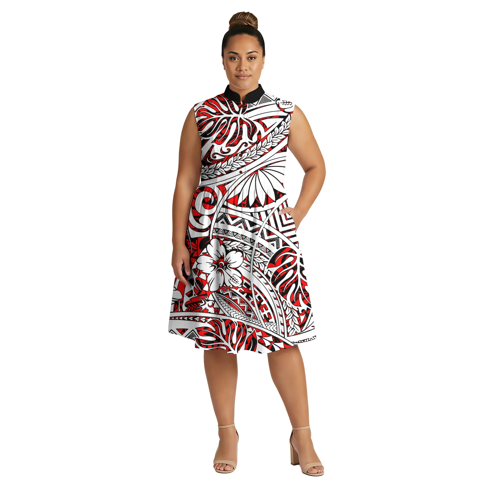 

New Arrivals Custom Image Hawaiian Ladies Wear Polynesian Casual Sleeveless Midi Dresses Samoan Tribal Design Dress for Women