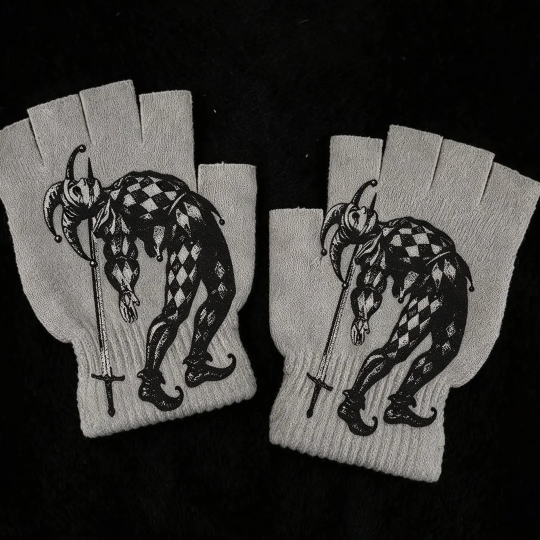 Upside-Down Joker Print Light Gray Fingerless Gloves Alt Vintage Knit Gloves