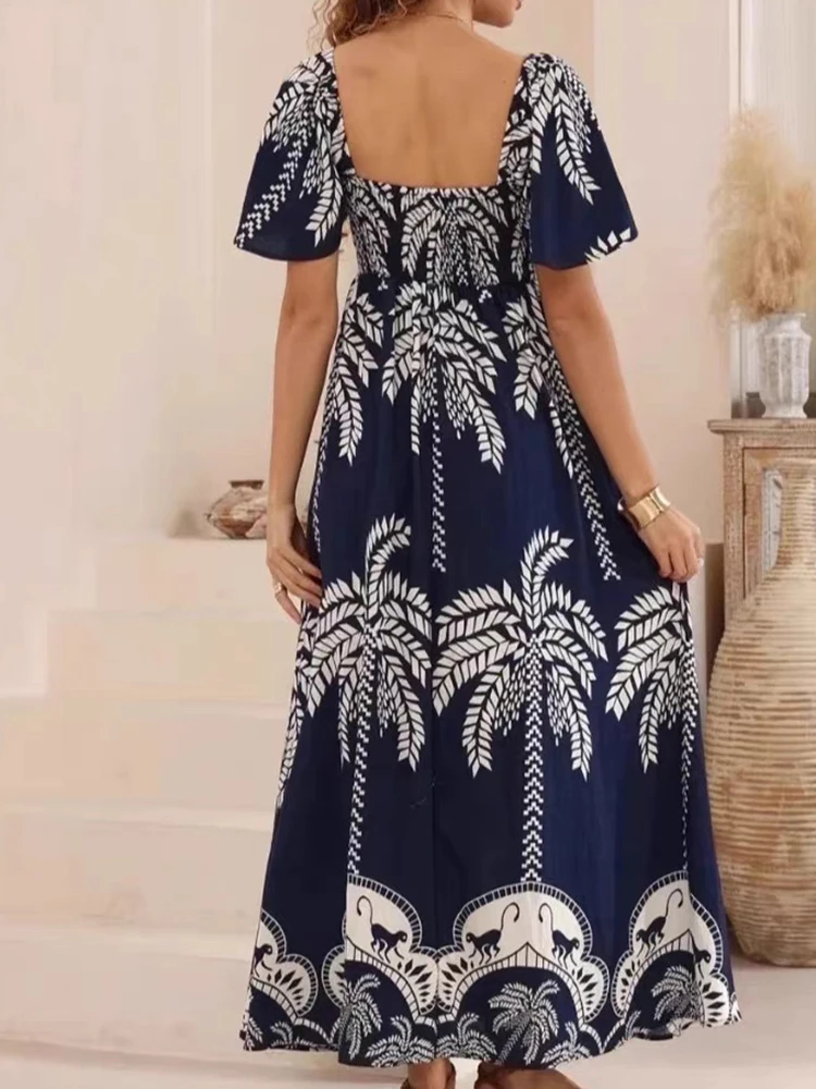 

Новое летнее платье с высокой талией и большим подолом, женское винтажное плиссированное платье с квадратным воротником и открытой спиной, элегантное женское платье макси с принтом