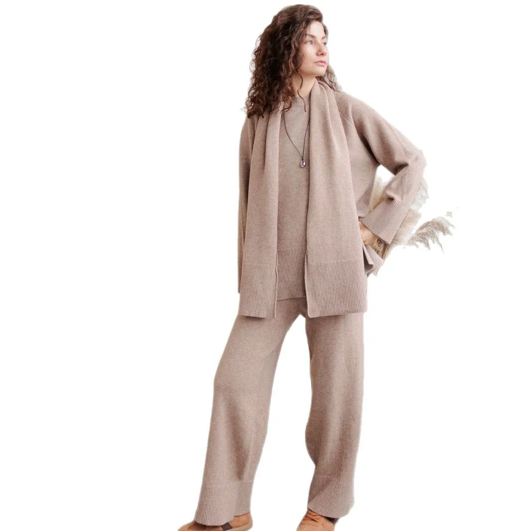 Herfst en winter nieuwe mode luie wijde broek tweedelige set effen kleur losse gebreide trui + broek met sjaal