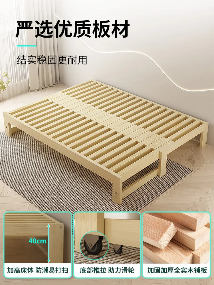 Folding sofa bed dual-purpose solid wood home living room small tatami single simple pull-out push-pull telescopic bed