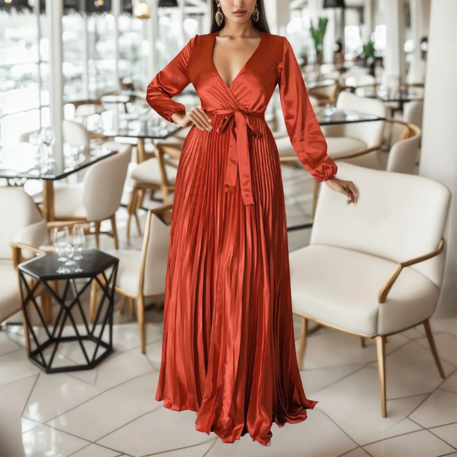 Sexy Pleated Evening Party Dress Women Solid Color Elegant Robe with Belt V-Neck Long Sleeve Robe Femme African Maxi Vestido