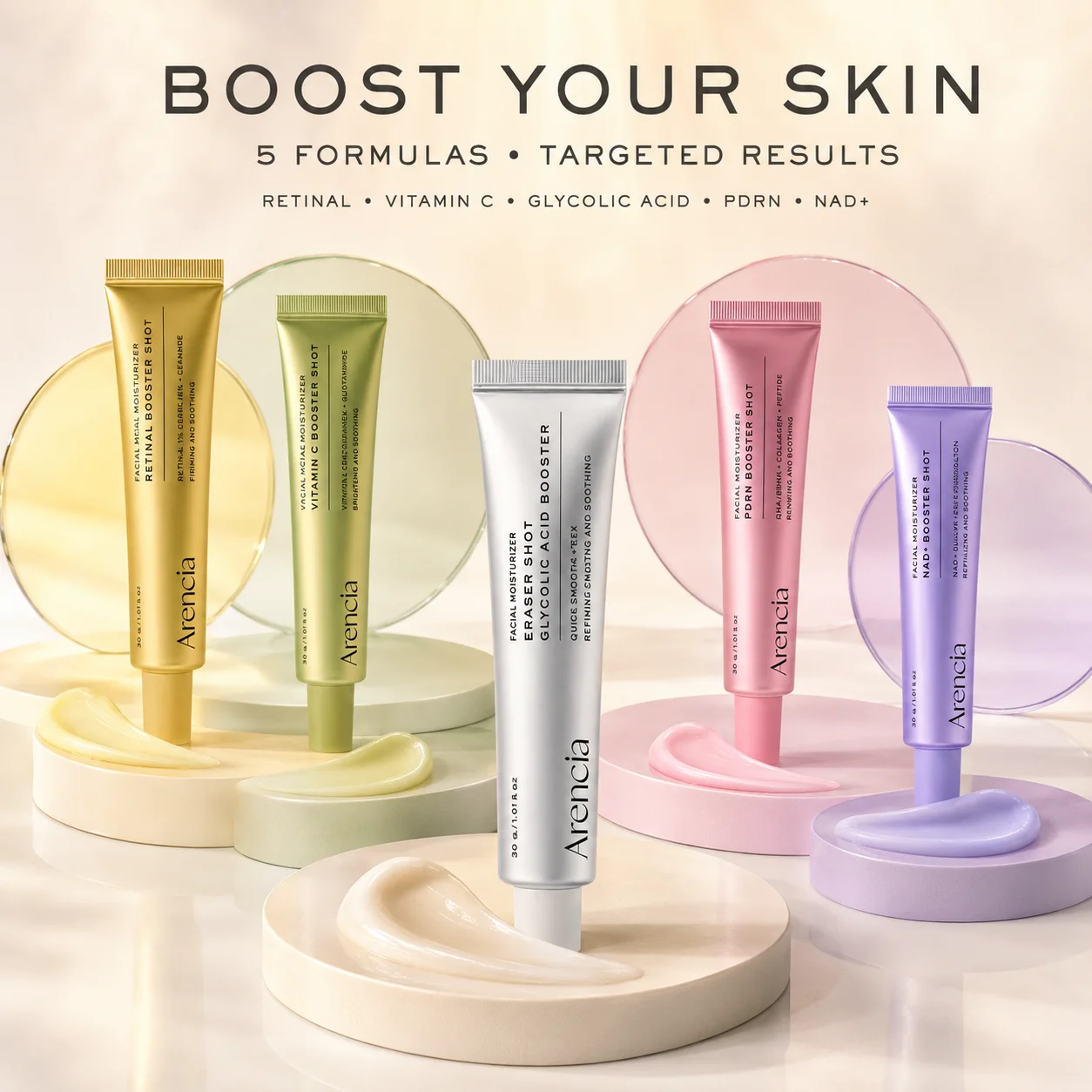 Arencia Vitamin C Booster Shot for Bright, Retinal Shot for Firm & Pore-Refined, PDRN Shot for Glowy, NAD+ Shot for Revitalizing