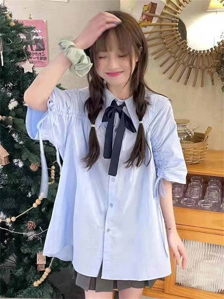 

New Cute Sailor Collar Blue Shirt Women Preppy Fashion Short Sleeve Oversize Blouse Female Clothing Streetwear Bow Cardigan Tops