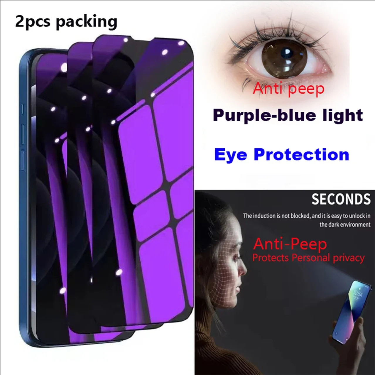 

2 Pcs Anti Blue Light Privacy Tempered Glass for iPhone 16 Pro Max 15/16Plus Eye Protection Clear Screen Protector