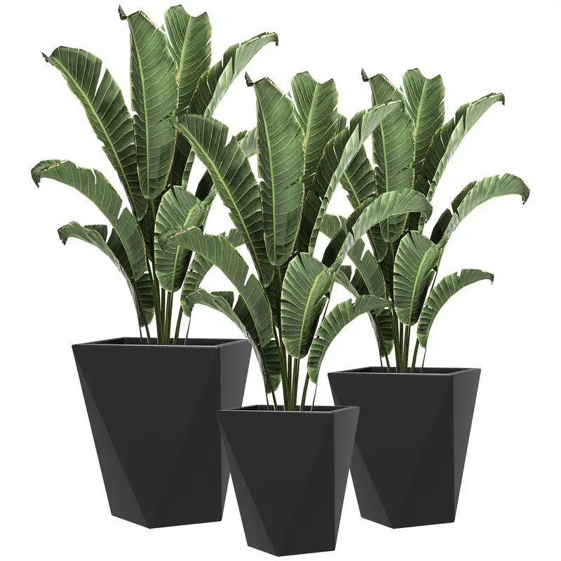 

Set of 3 Tall Planters Stackable Flower Pots Indoor Outdoor Planters with Drainage Holes for Garden, Balcony, Black