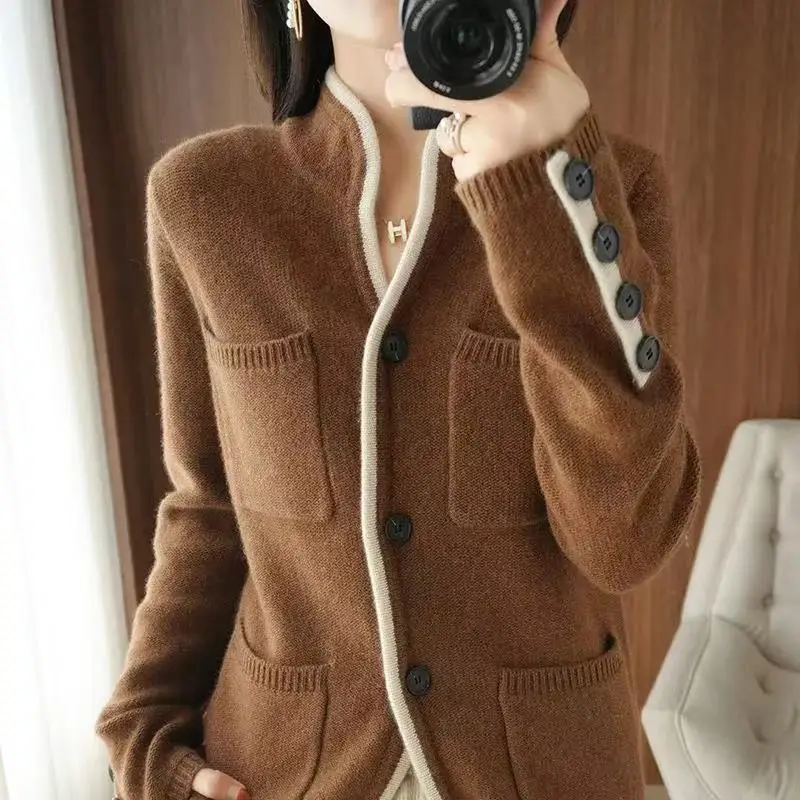 

New Cashmere Sweater Overcoat Spring Fall 2025 Women Stand-up Collar Casual Cardigan Wool Knit Tops Korean Female Sweater Jacket