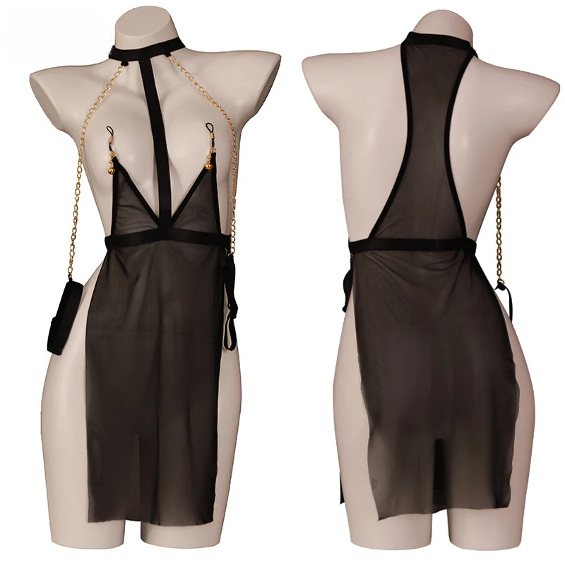 

Black Thin Net Cloth Nipple Clamps Sexy Dress Chain Erotic Lingerie With Thong Lady Party Role Play Uniform Erotic Clothing