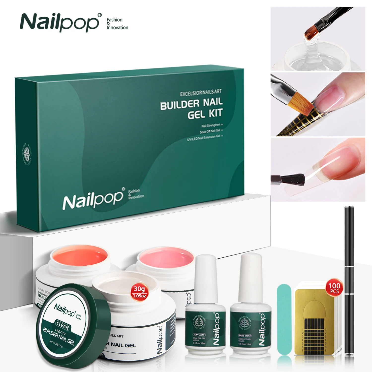 NAILPOP منشئ جيل للأظافر مجموعة 3 الألوان الأساسية طقم وصلات لإطالة الأظافر واضح عارية الوردي تعزيز هلام مع فرشاة 100 قطعة أشكال الأظافر DIY بها بنفسك
