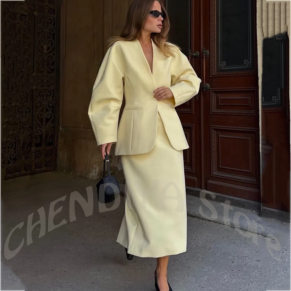 Fashion Design Elegant Women Suits Jacket Skirt Straight Stand Collar Tailored Made Two Pieces Set Formal Occasion Outfit