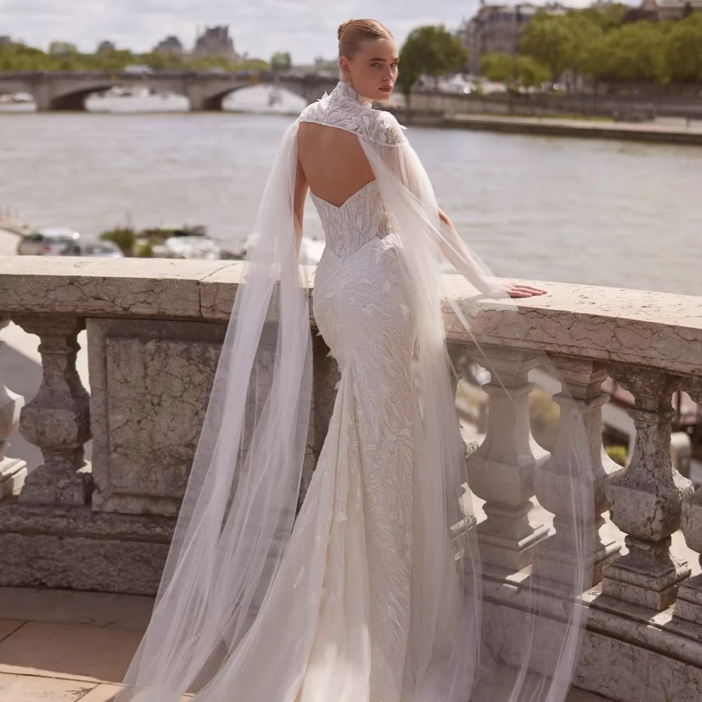 Customized New Exquisite Beaded Wedding Dress With Cape Elegant Mermaid Long Bridal Gown Charming V-neck Bridal Gown