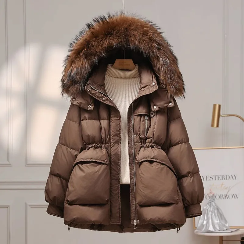 Coffee Real raccoon Fur collar Down Jacket For women 2025 New Winter Thick Fashion Hooded Down Coat Female Loose Casual Outwear