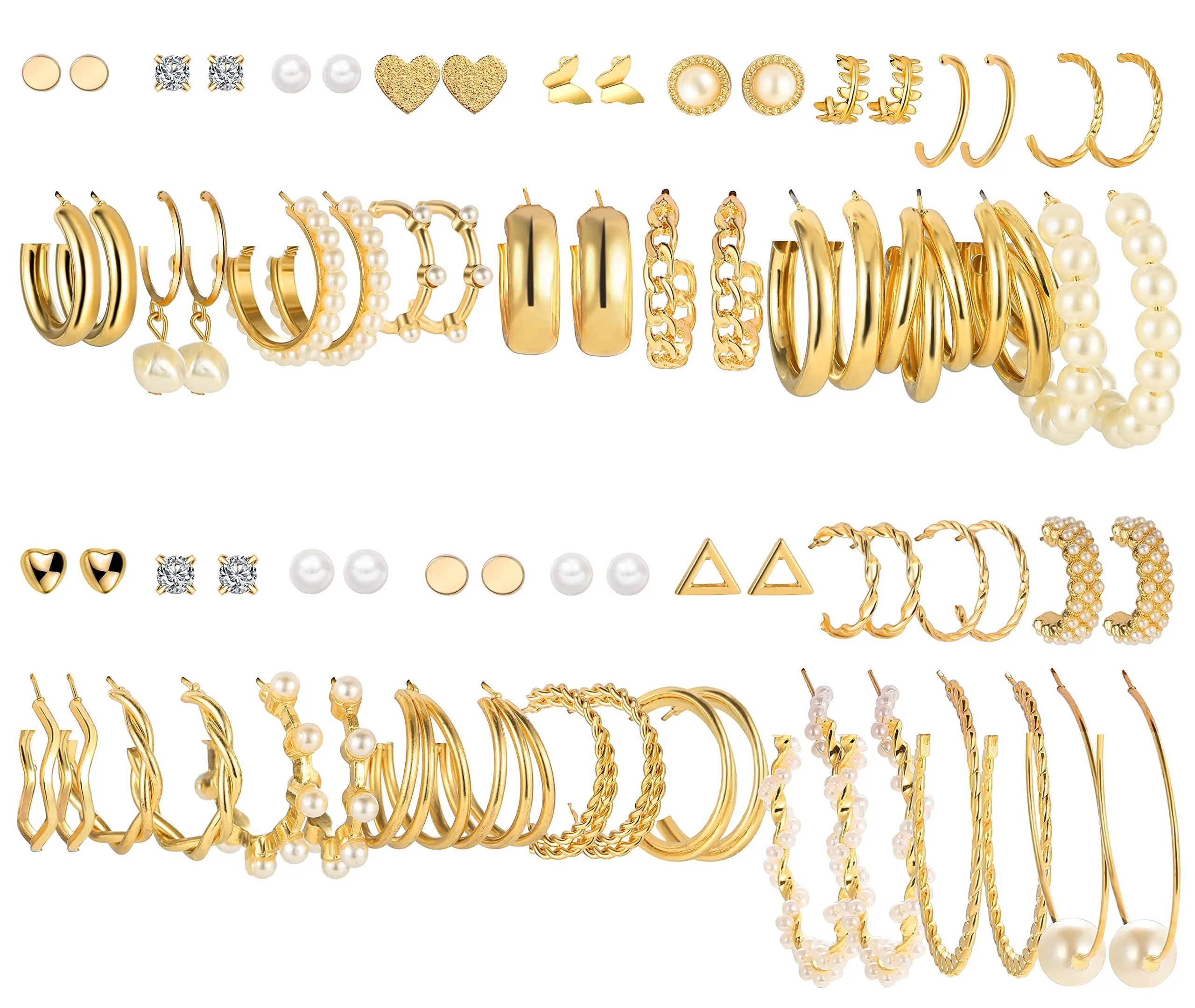 36 Pairs Gold Earrings Set for Women, Multipack Hoop Earring Packs, Hypoallergenic Earrings for Birthday Party Jewelry