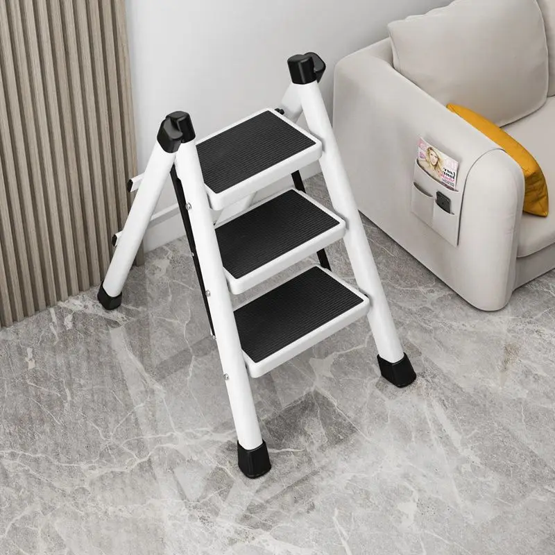 3 Step Folding Step Ladder Anti-Slip Wide Pedal Sturdy White Steel Frame Portable Household Step Stool For Kitchen Home Use