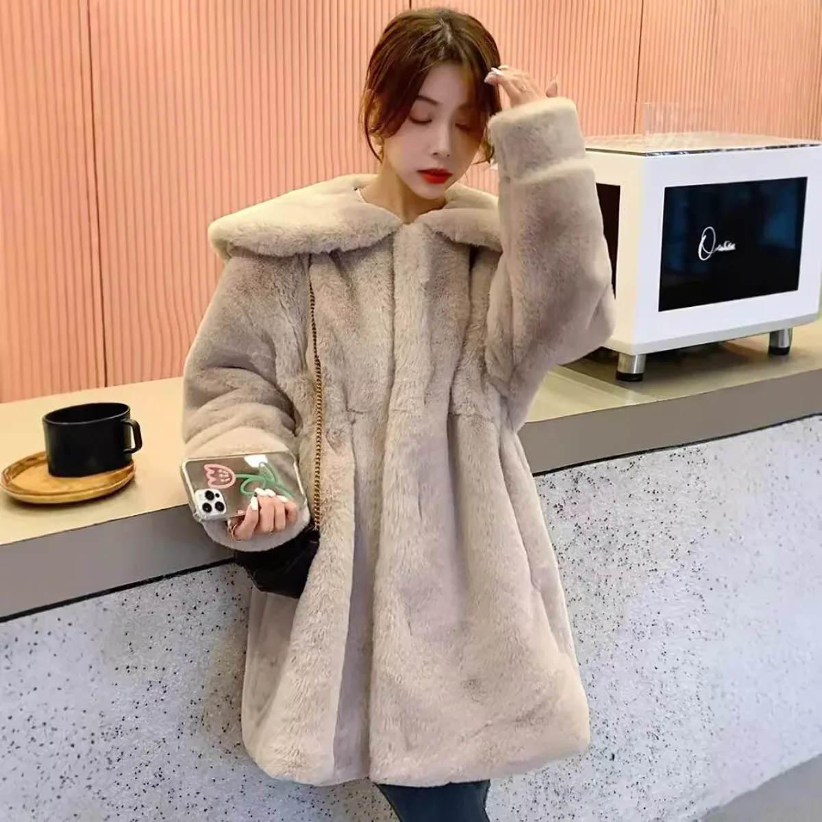 Casual Autumn Winter 2025 Women Faux Rabbit Fur Coats Y2k Overcoat Turn Down Collar Long Sleeves Mid Length Thick Loose Jackets