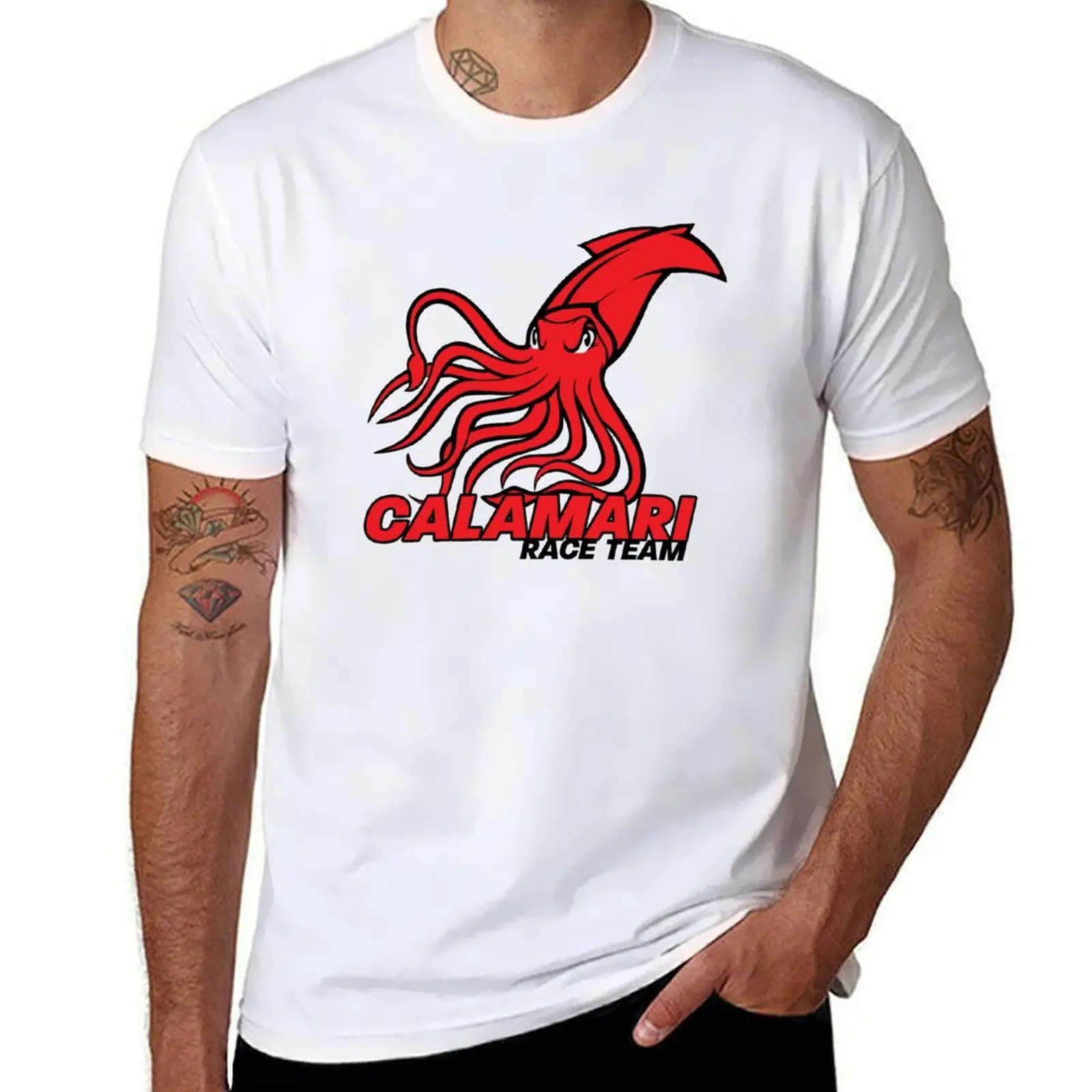 

Цветная квадратная футболка с логотипом Calamari Race Team, мужские футболки с рисунком, мужские футболки с рисунком, футболка