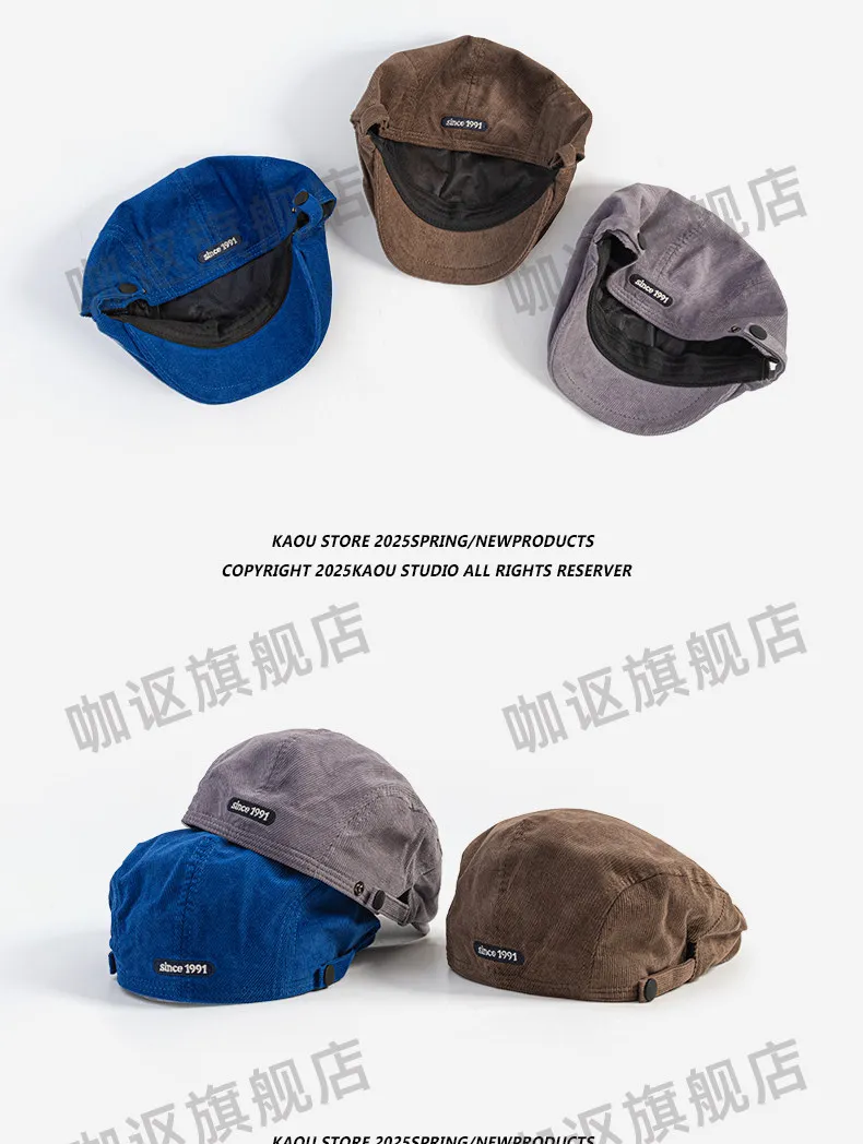 Unisex-Cord-Flachmütze, Vintage-Newsboy-Hut, geometrische Stickerei, verstellbare Schnalle, Retro-Beret für Herren und Damen, Herbst/Winter – Detail 2