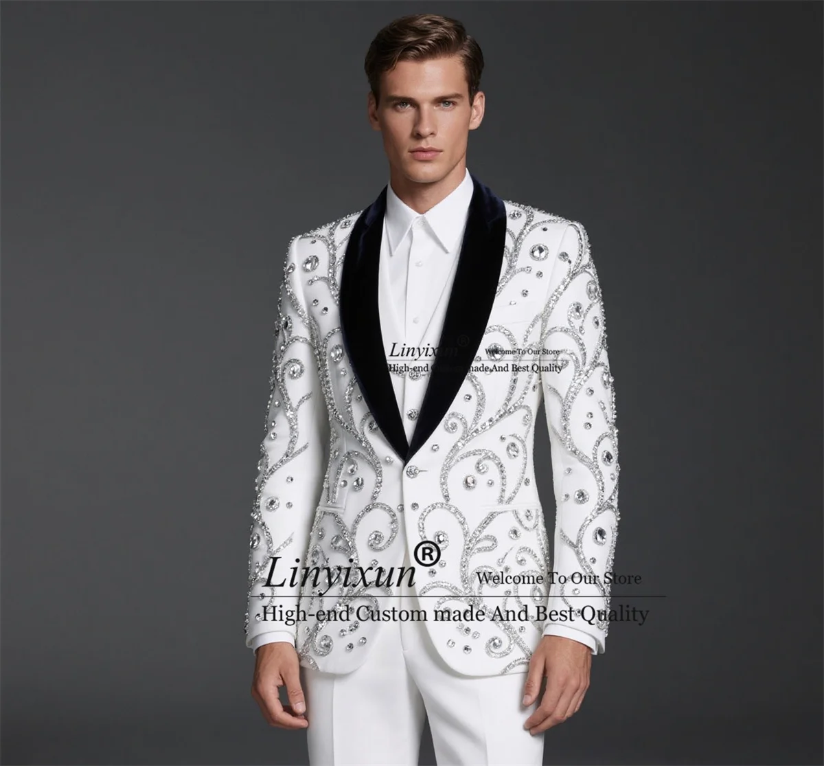 

Luxury Jewel Ornament Men Suit Customized Slim Fit Wedding Tuxedos 3 Pieces Sets Groom Male Blazers Shawl Lapel Ropa hombre