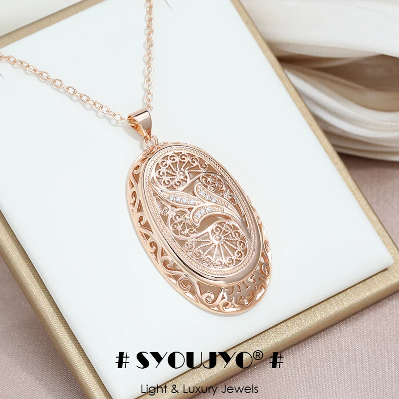 SYOUJYO 585 Gold Color Big Size Pendant Necklace For Women Hollow Design Natural Zircon Vintage Fine Jewelry Gift